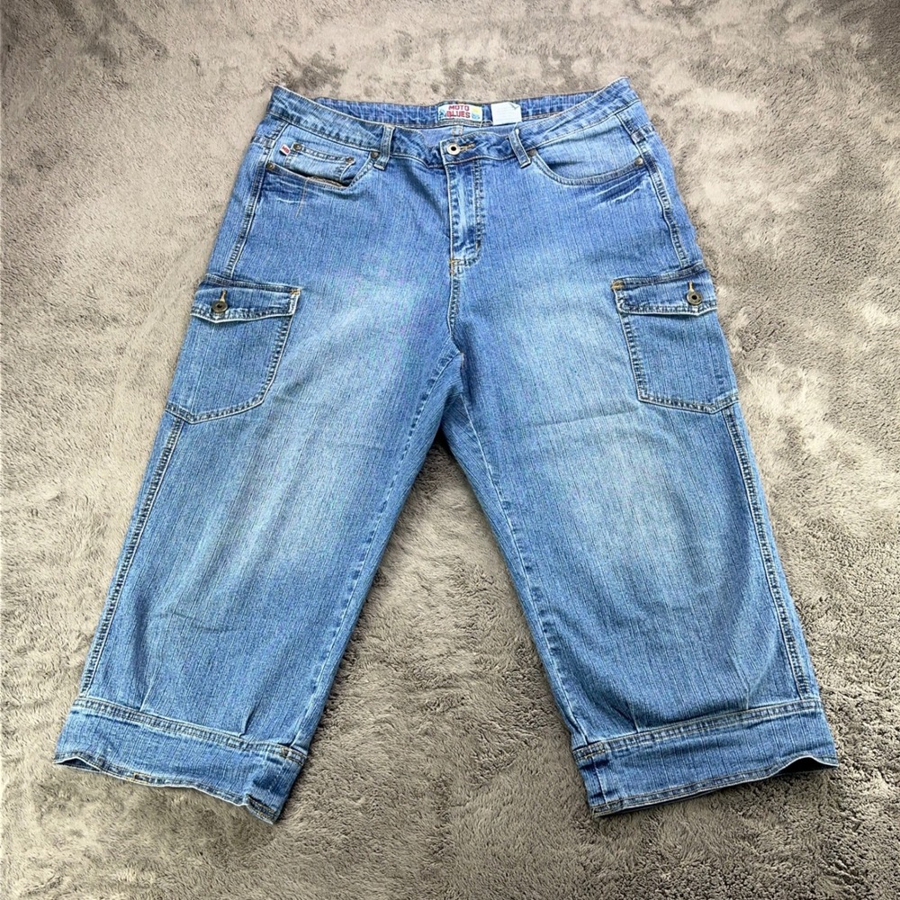 Moto Blues Womens Blue Denim Cargo Capri Crop Jeans Size 18 Medium Wash Stretch